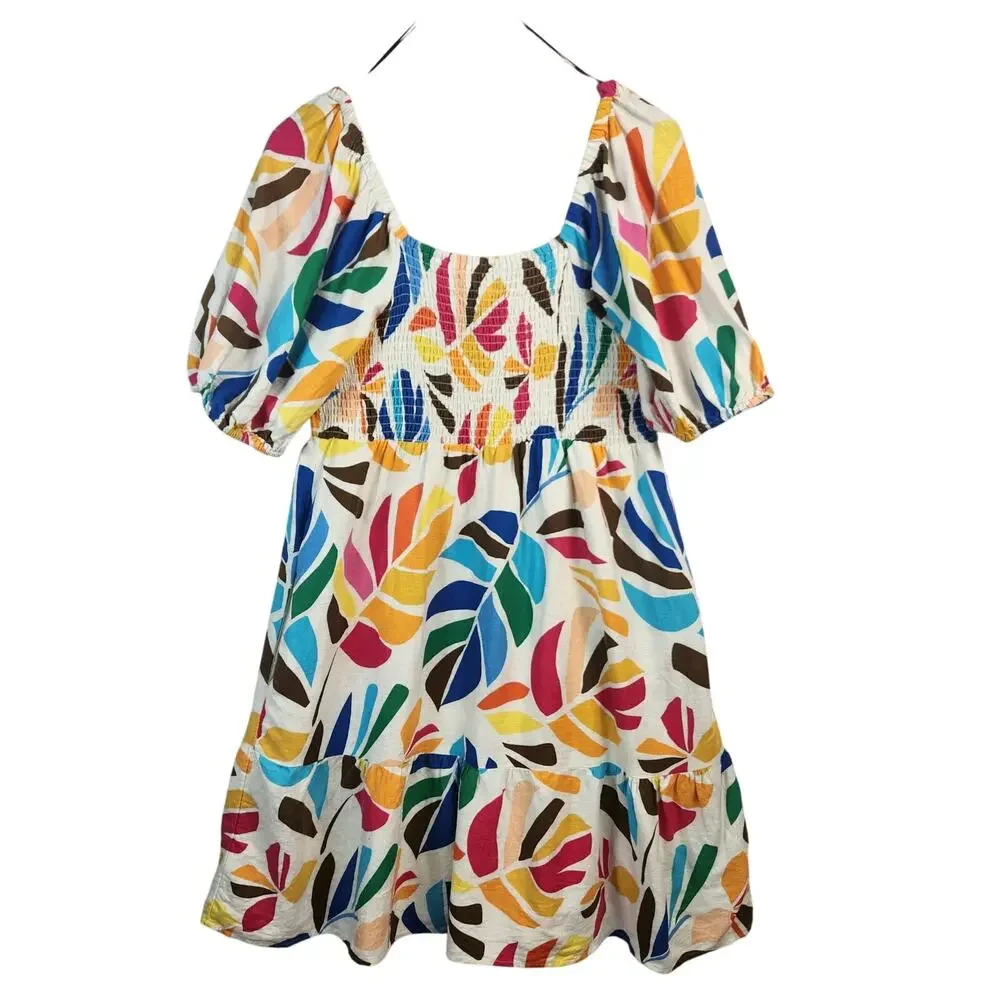 Tabitha Brown Target Mini Dress Women SZ LG Botanical Print Linen Blend Pockets - Picture 2 of 16